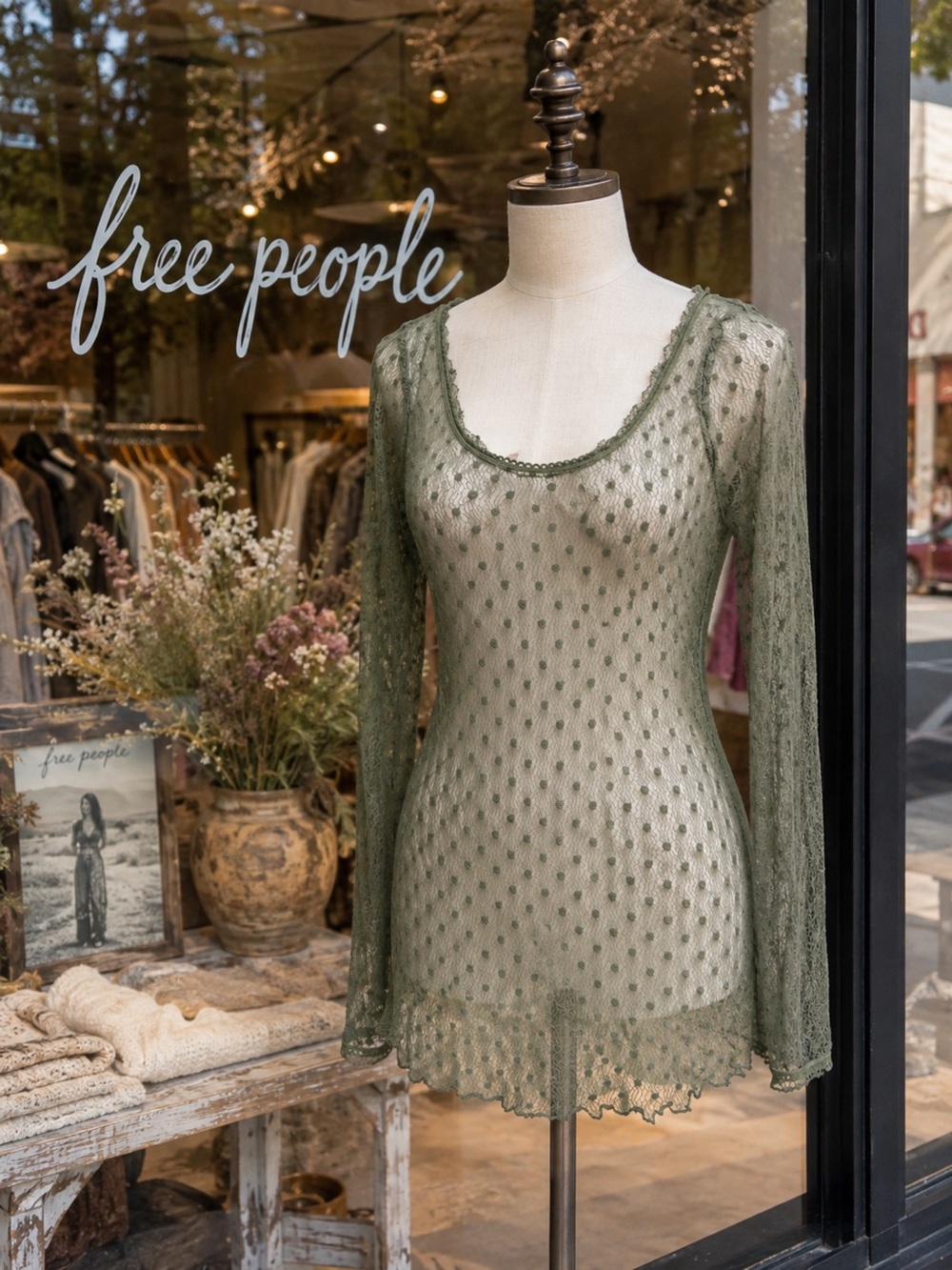 Free People Sage Green Sheer Lace Long Sleeve Top